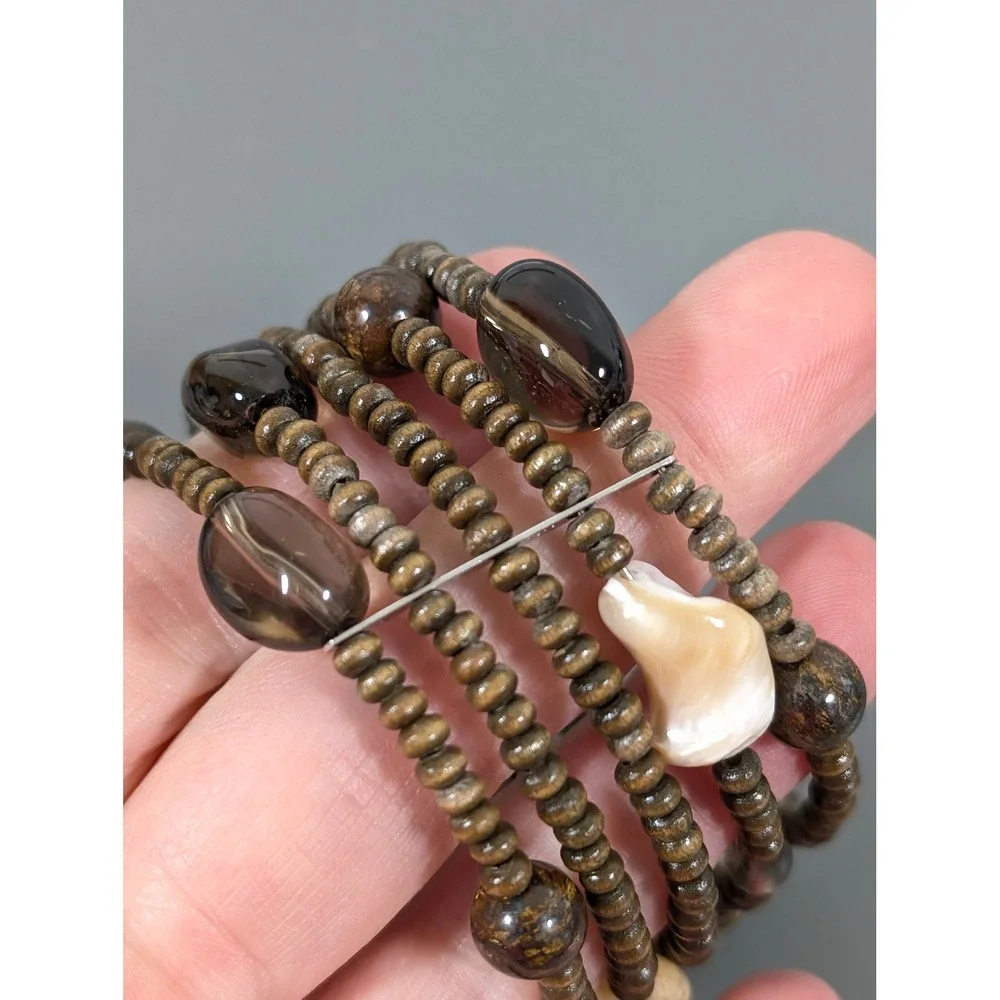 Wide Brown Beaded Cuff Bracelet Wood Shell‎ Glass Flexible Boho
